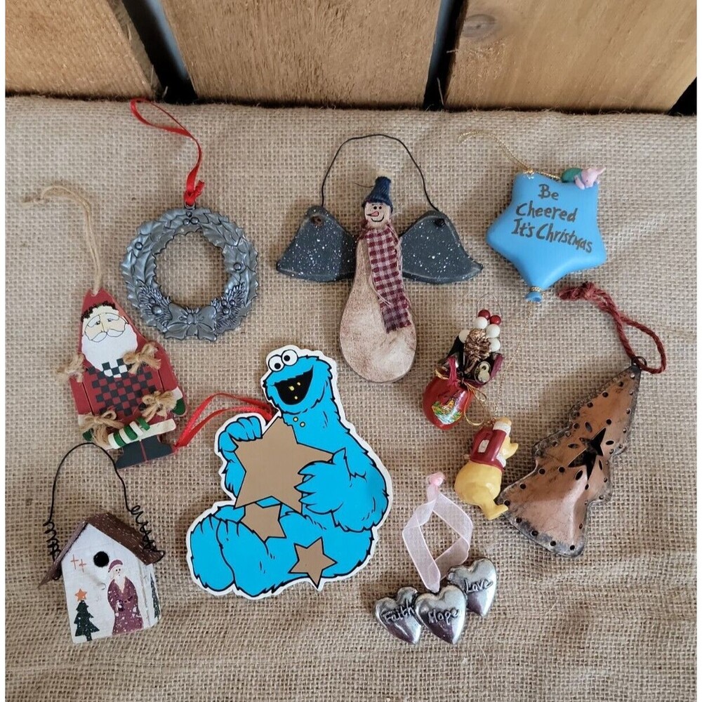 Lot Of 9 Christmas Ornaments Cookie Monster Winnie The Pooh Birdhouse